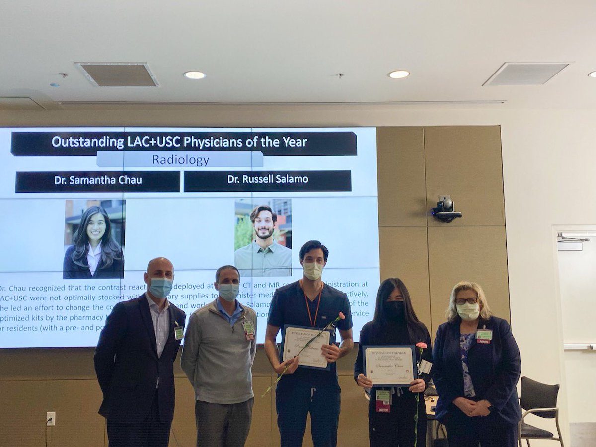 Happy Doctor’s Day!! So proud of our very own @samichau and @RussellSalamo for their Outstanding LAC + USC Awards! We are so proud of you!! @RadiologyUSC #radres #doctorsday #radiology #soproud