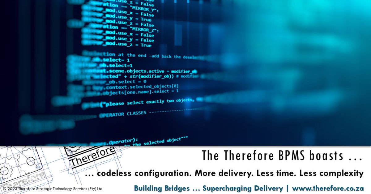 ThereforeSTS's tweet image. The Therefore BPMS boasts code-less configuration. More delivery. Less time. Less complexity. Less cost. #BPMS #Codeless