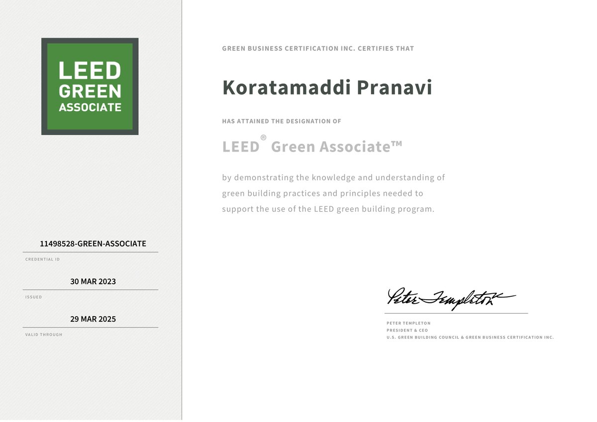 pranavi_k_'s tweet image. I&apos;m excited to say that I&apos;ve achieved my LEED GA credential! ✨

#leedgreenassociate #sustainability #greenbuilding