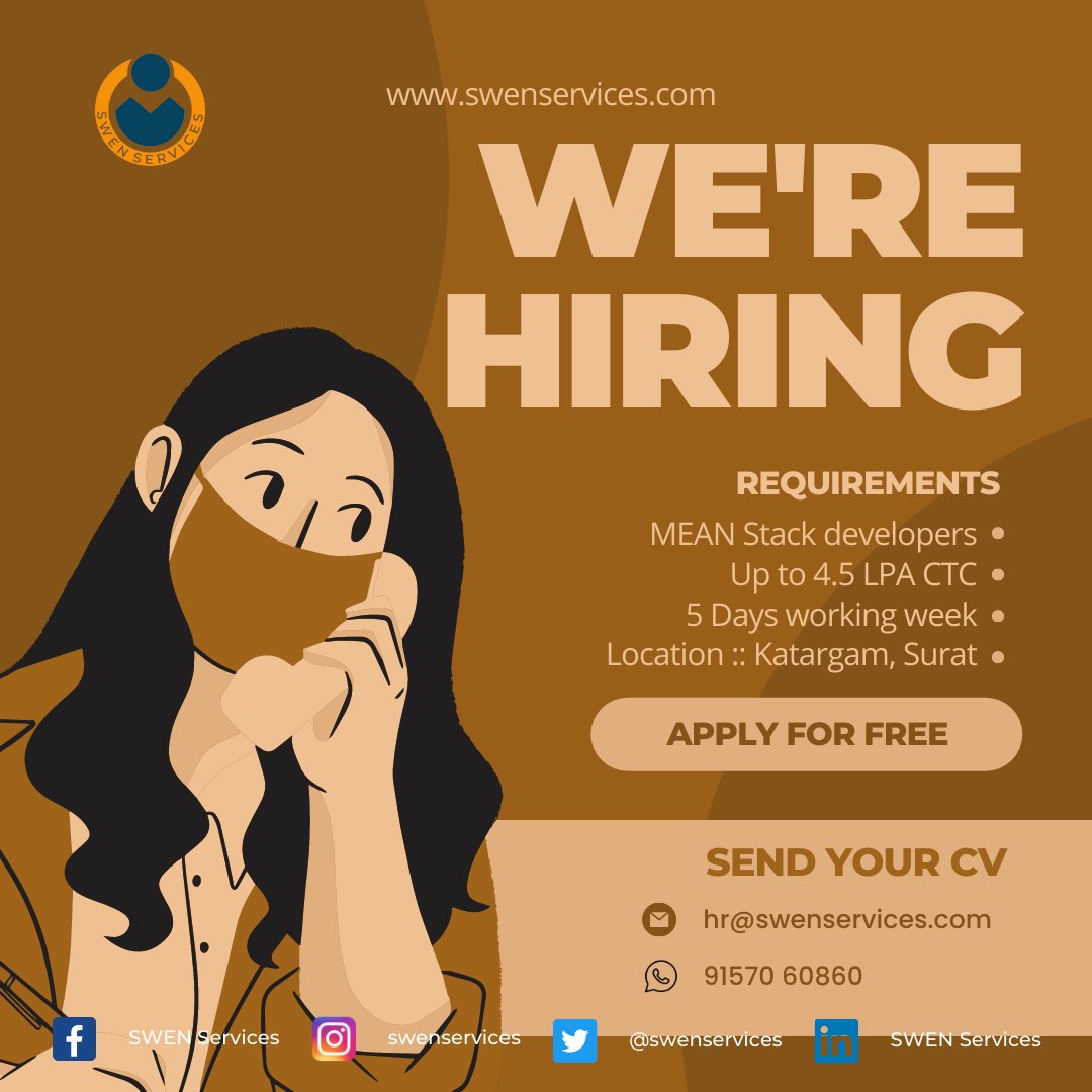 Swenservices's tweet photo. #hiringimmediately
#grab your chance to join #bestinclass #itcompany
#location : #surat
#ctc : Up to 4.50 LPA
Call or share your CV on 9157060860 for more details
#nocommission #nocharges #nofees #noregistration
#hiring #jobforyou #itstaffing #itandsoftware #meanstackdeveloper https://t.co/VebGazfOmP