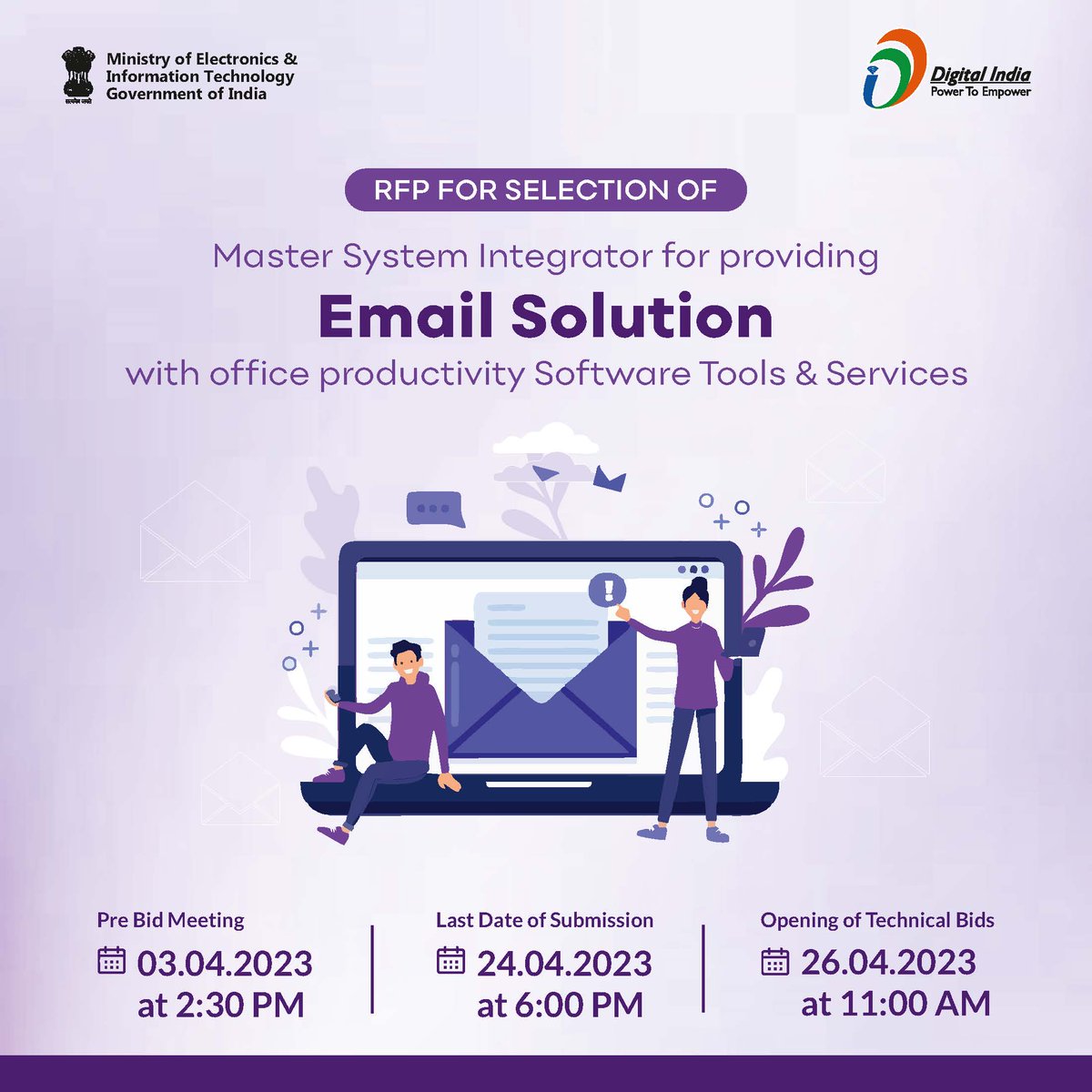 DigitalIndiaCrp's tweet photo. #TenderOpening | RFP for Selection of MSI for providing Email Solution with office productivity software tools & services
Pre-Bid Meeting: 03.04.23, 2:30pm
Bid Submission end: 24.04.23, 6pm
Opening of Technical Bids: 26.04.23,11am
More info https://t.co/neUgBqLegl
#NewTender https://t.co/74E1y9R482