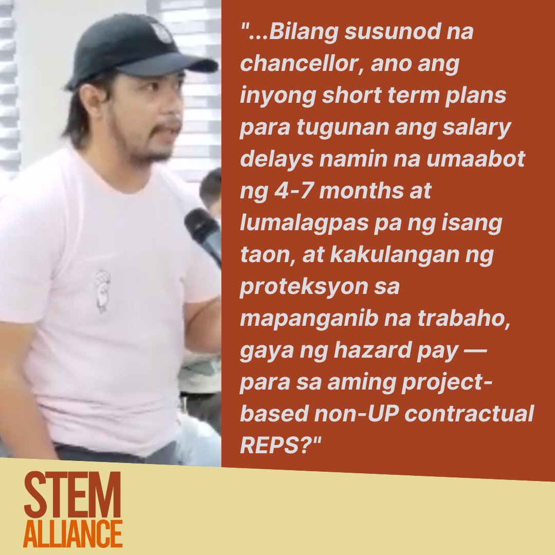 STEMAllianceUPD's tweet photo. Narehistro ng STEM Alliance ang mga pangunahing hinaing ng mga non-UP contractual STEM Workers sa isinagawang “Tapatan sa Diliman: Panayam sa mga Nominado para sa Chancellorship”. 

Panuorin ng buo: https://t.co/WWWU27bKAv
(3:05:56 - 3:11:25)
#UPDChancy 
#KwentongSTEMWorkers https://t.co/SqEbI6W4IW
