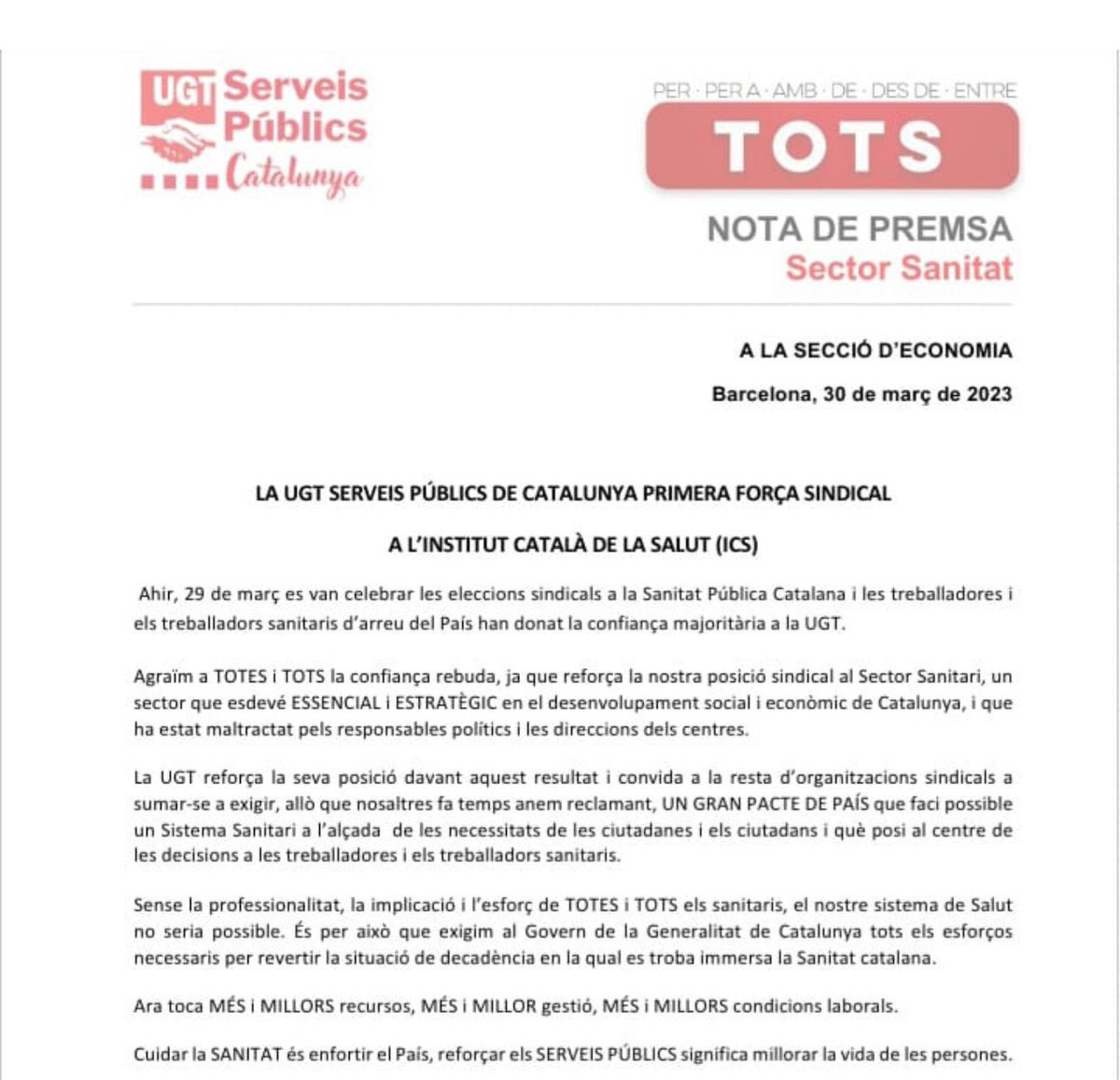 UGT PRIMERA FUERZA SINDICAL
Sanitat Pública de Catalunya!

Tanto esfuerzo y trabajo, tantas compañeras/os dándolo TODO han dado este RESULTADO BRUTAL! 

Farem tot el que calgui per defensar i lluitat pels drets laborals de totes i tots els nostres companys!!

Orgull UGT!