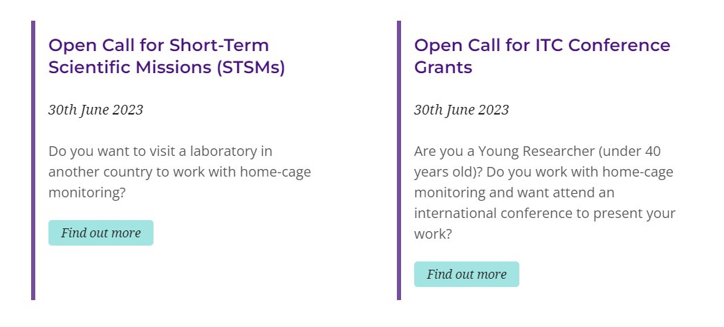 ‼️ We have extended the deadline for applying for our grants to June 30th!

Details at:
cost-teatime.org/grants/

#knowledgetransfer #COSTActions #grant #conference #laboratory #homecage #behavior @COSTprogramme