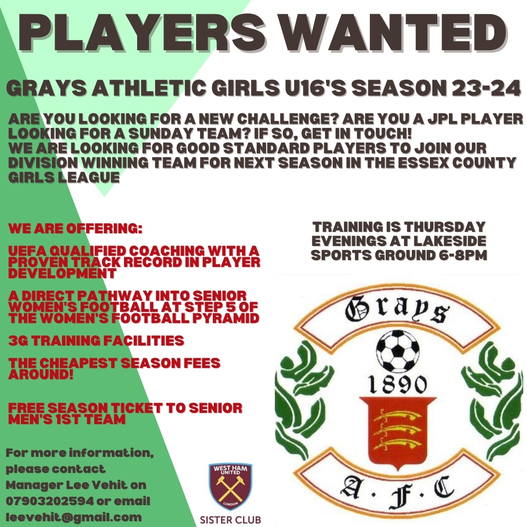 Big season coming! Come &amp; join a fantastic set of girls who are looking to have another special season when they go to u16s for 23/24. Direct pathway into step 5 of the women's football pyramid from 16+, UEFA Coaching, cheapest fees in Essex, 3g facilities &amp; more😛 get in touch👊