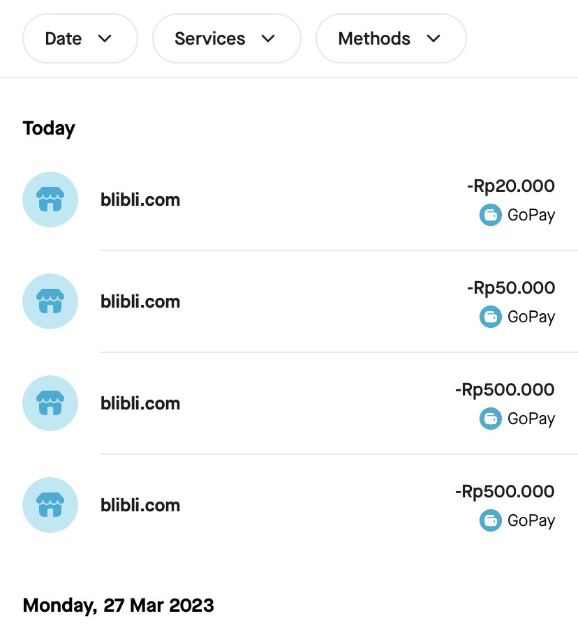 Eh lawak bener GOPAY gua abis dibobol orang 1jt buat beli voucher game di BLIBLI ini gimana kok aplikasinya gampang banget ke hack??? <a href="/bliblidotcom/">Blibli</a> cust service WA penuh terus ga ada tanggapan. Tolong <a href="/BlibliCare/">Blibli Care</a> pdhl gua ga beli apa2. HATI2 SEMUA YANG PAKE BLIBLI CEK AKUN KALIAN