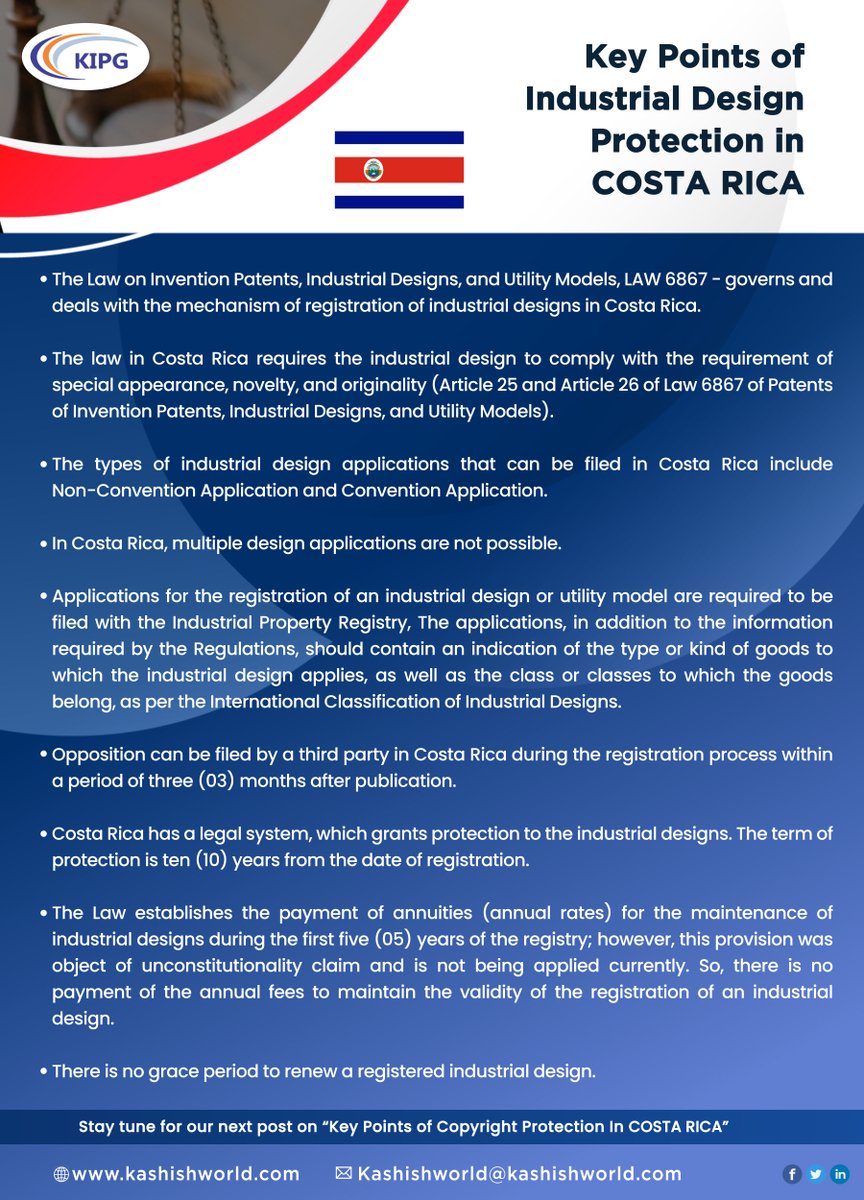 Kashish_IPGroup's tweet photo. Here are the most important points to know about Industrial Design Protection in Costa-Rica!
⛔ If you have any queries, feel free to contact us at kashishworld@kashishworld.com.
Visit: https://t.co/U1sphEH49Z
#Costarica #IPrights #IndustrialDesignprotection #IndustrialDesignlaw https://t.co/vgoTyWeJe9