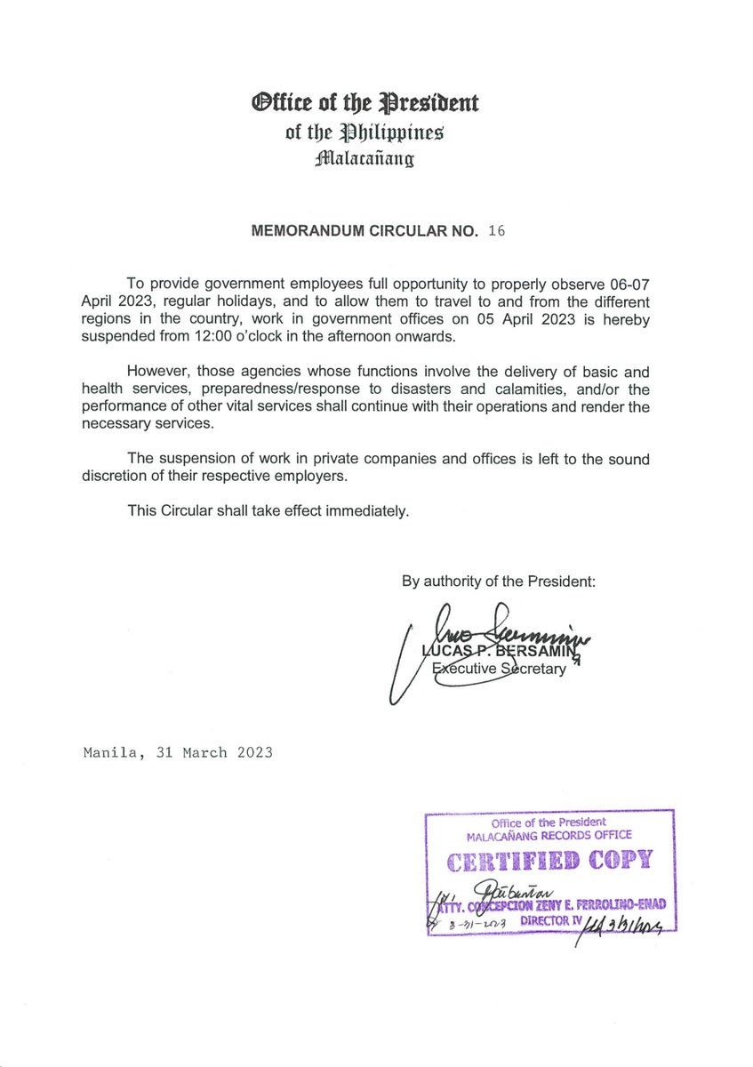 JUST IN: Malacañang suspends work in government offices at 12 p.m. on April 5 to give employees time for the regular holidays on April 6 and April 7. <a href="/manilabulletin/">Manila Bulletin News</a>