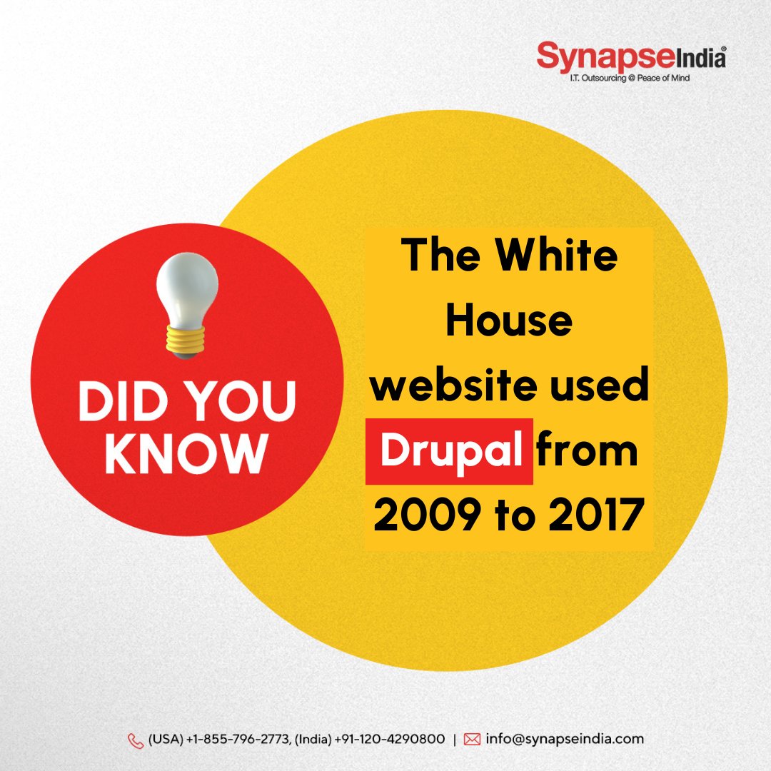 Friday Fact: The White House website relied on Drupal as its CMS from 2009 to 2017. 

#synapseindia #drupal #drupaldeveloper #contentmanagementsystem #fridayfact