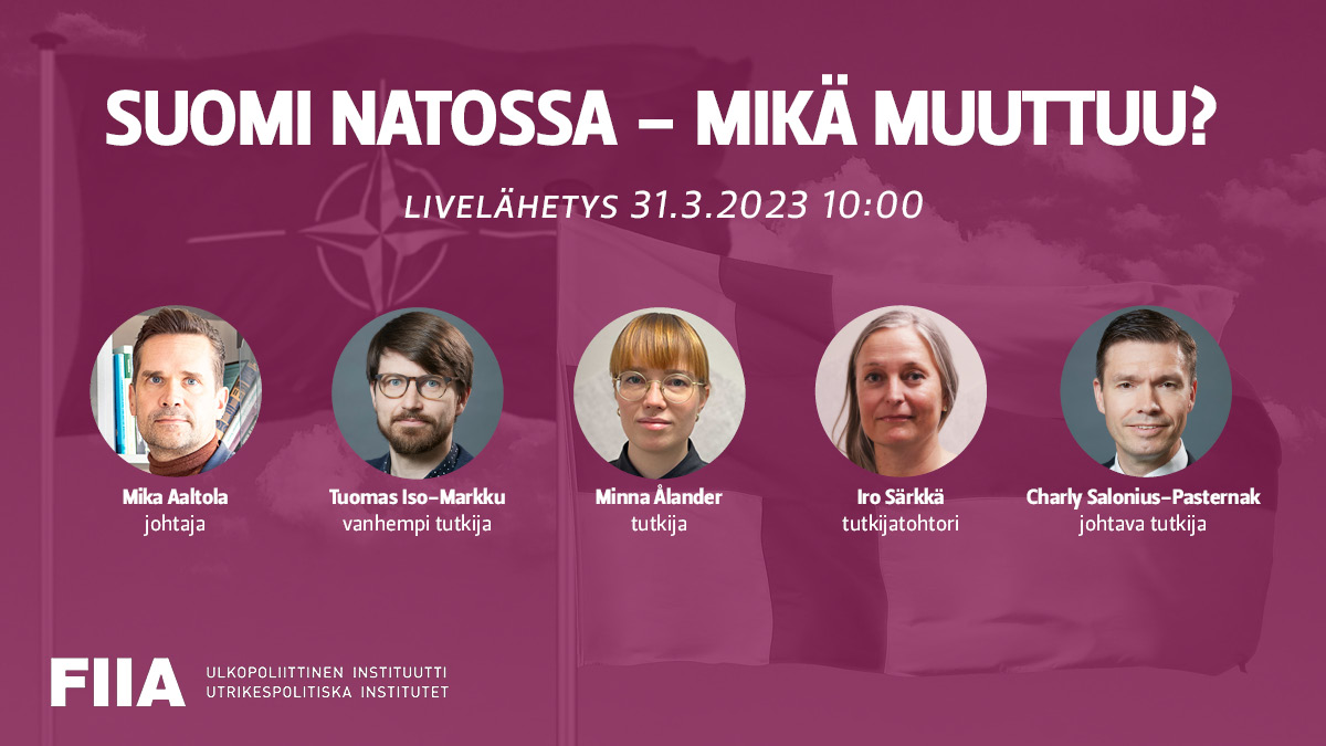 FIIA_fi's tweet image. Lisää analyysia Suomen #Nato-jäsenyydestä ja sen vaikutuksista kuullaan tänään klo 10 UPIn suorassa lähetyksessä.

Mukana @MikaAaltola, Tuomas Iso-Markku, @minna_alander, @IroSarkka ja @charlyjsp.

Tule kuulolle ➡️ youtube.com/watch?v=n8zzoS…

#ulpo #turpo