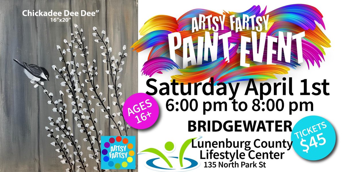 ArtsyFartsy_ca's tweet photo. 👀 Looking  for something different to do?
Grab a friend and join us at the LCLC in Bridgewater. We'll walk you through step-by-step while we paint "Chickadee Dee Dee". All supplies provided🖌🎨 , no experience necessary!
#artsyfartsy #diptapsqueezespank 

https://t.co/YBdCNwKXsQ https://t.co/uv4kMdaNx8