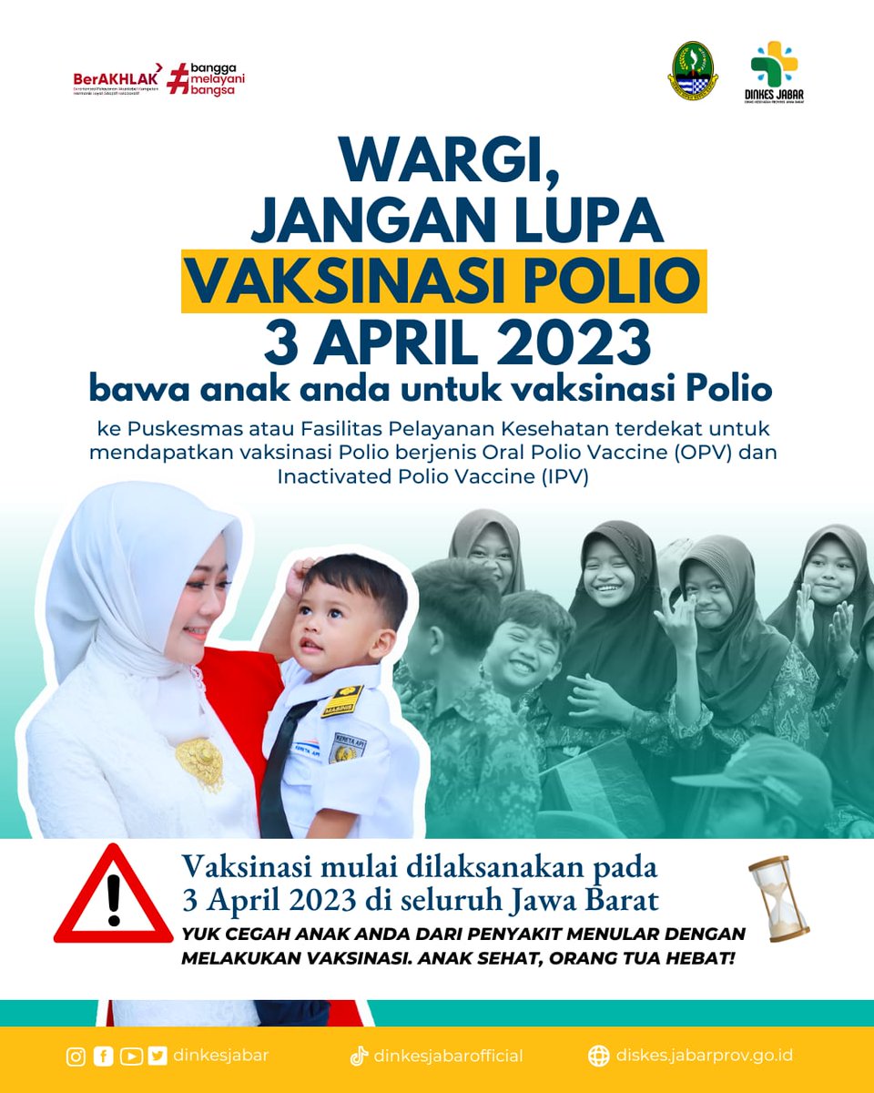 #barayaKUMKM🥰🥰🥰

JANGAN LUPA VAKSINASI POLIO 3 APRIL 2023!
 
Mari bawa anak Anda ke Puskesmas atau Fasilitas Pelayanan Kesehatan terdekat untuk mendapatkan vaksinasi Polio yang akan dilakukan serentak di seluruh wilayah Jabar.
 
#RidwanKamil #JabarJuara #VaksinasiPolioJabar