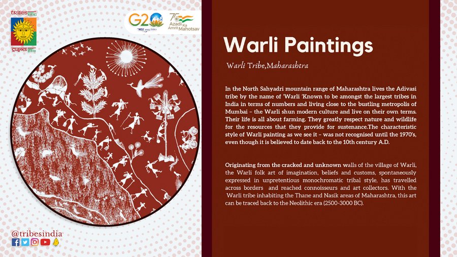 BJPSTMORCHA's tweet photo. Warli Painting- Originating from the cracked and unknown walls of the village of Warli, it is a folk art of imagination, beliefs &amp; customs, spontaneously expressed in unpretentious monochromatic tribal style.

Read more about it here.

#Vocal4Local #AmritMahotsav #G20India https://t.co/KKWDXjk0Ay