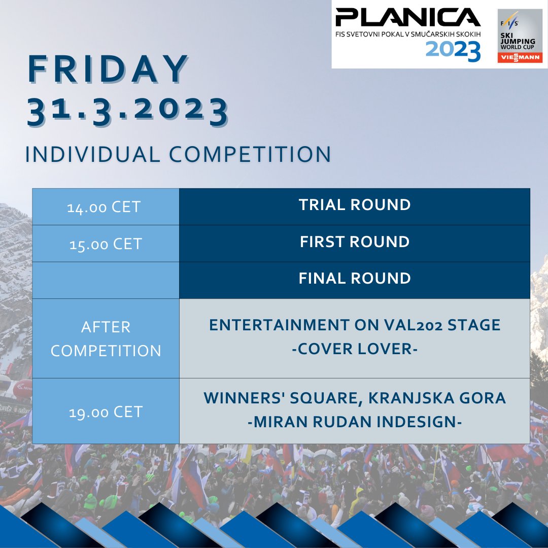 [PROGRAMME] The first round of the first individual competition in #Planica today will take place at 15:00. After the competition, don't miss the Cover Lover concert on the Val 202 stage and in the evening, the concert of Miran Rudan inDesign in Kranjska Gora. #poweredbyNLB