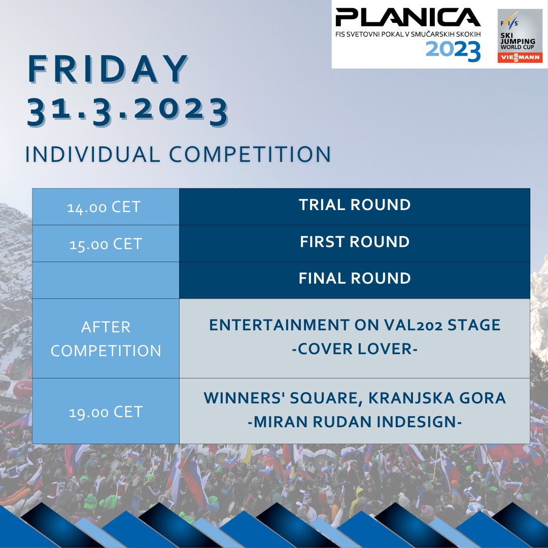 [PROGRAMME] The first round of the first individual competition in #Planica today will take place at 15:00. After the competition, don't miss the Cover Lover concert on the Val 202 stage and in the evening, the concert of Miran Rudan inDesign in Kranjska Gora.
#poweredbyNLB