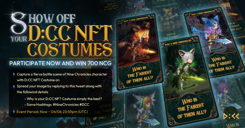 NineChronicles's tweet photo. 🖼️ Show Off Your D:CC NFT Costumes 😻

1⃣ Share a screenshot of your costume!
2⃣ Comment below why your costume rules!
3⃣ Add #NineChronicles #DCC
4⃣ Hit ❤️ on other tweets

🏆 Top 10 Likes (5 current users / 5 new users) get 700 $NCG each!
⏰ Now~ 23:59 (UTC) April 6th