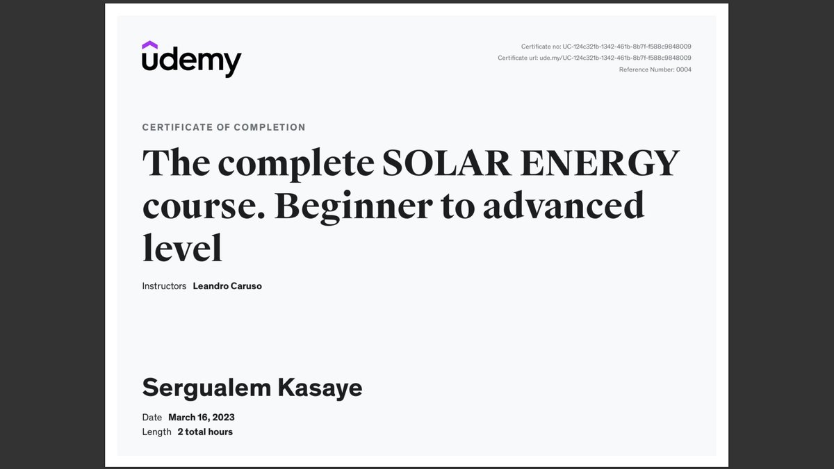 Completed this awesome EV, SOLAR AND WIND ENERGY courses from Udemy! 
Special thanks to dan energy Ethiopia for putting this together and handling it out for free.