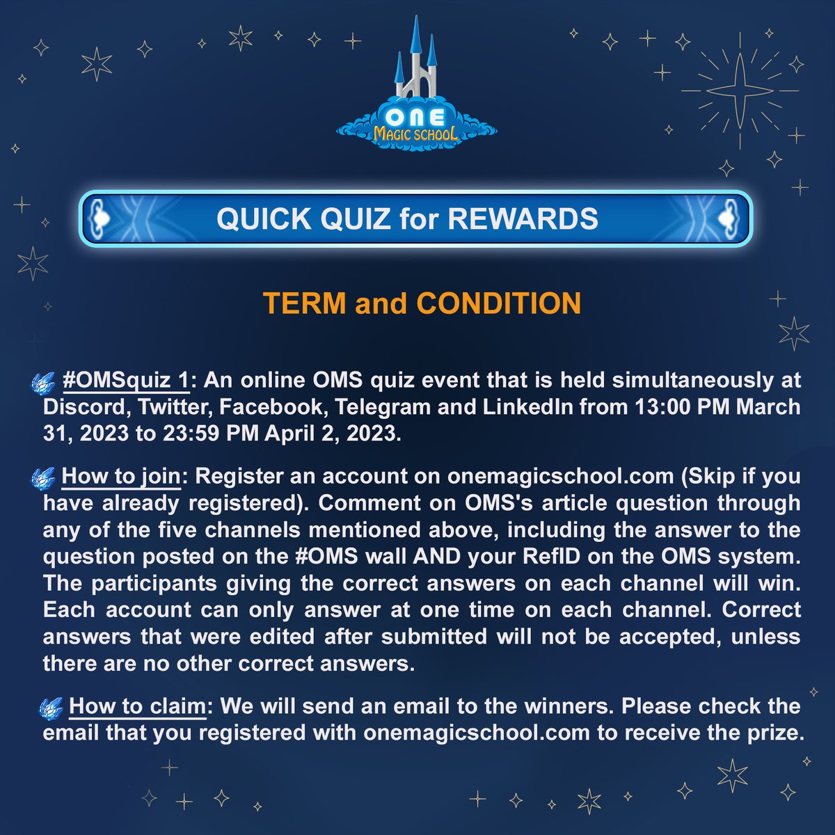 OneMagicSchool's tweet photo. #OMSquiz 1💰💰
Extremely attractive prizes! 🎁
Please check the terms and conditions of the event in the image below.
#onemagicschool #oms #OMS #omsevent https://t.co/EoyE0uYIqp