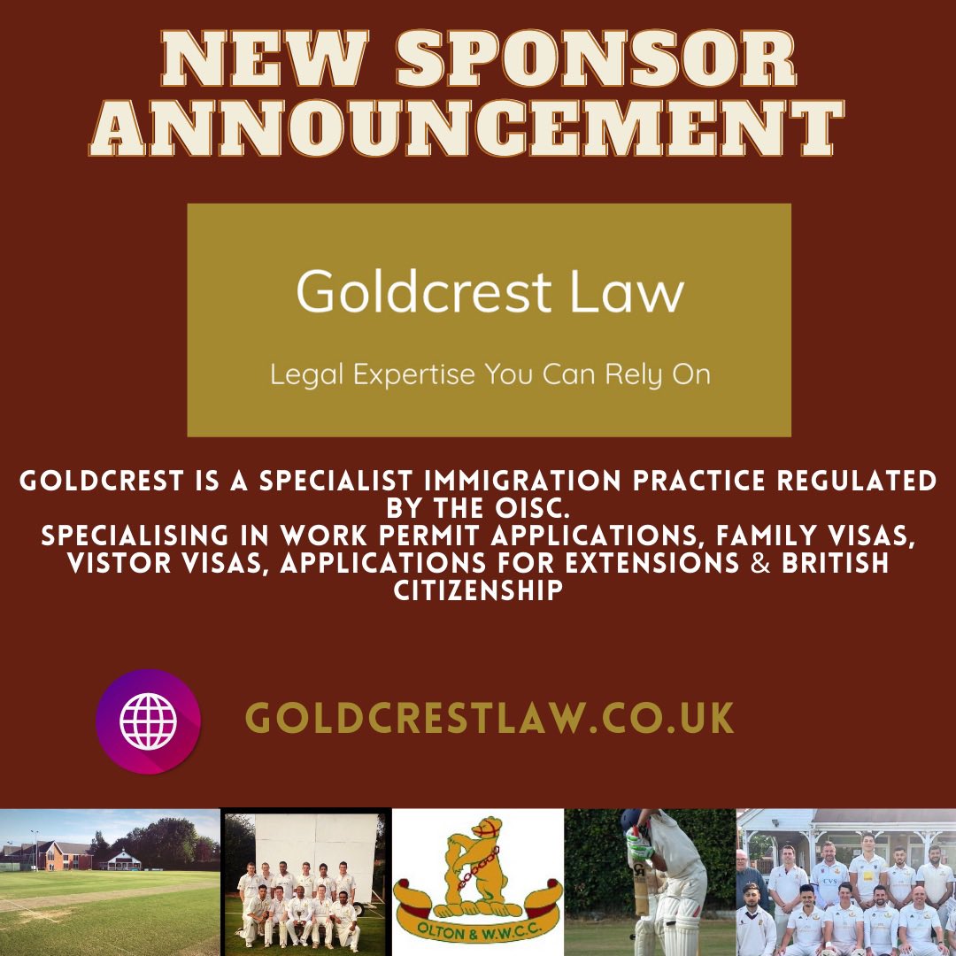 oltonwwcricket's tweet photo. We are delighted to announce another new sponsor for the 2023 Season, Goldcrest Law
For more info visit https://t.co/lgSQG2Nn2f
#owwcc #sponsors #olton #warwickshirecricket #warcl https://t.co/S9PXRcWO2Q