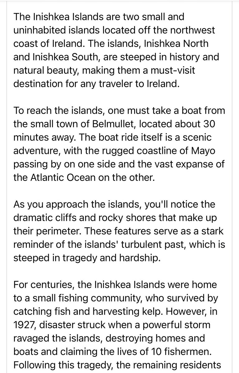 adrianweckler's tweet photo. ‘Hey ChatGPT, write a 500-word travel article about Mayo’s Inishkea island.’
Scarily passable. https://t.co/OFunsHRi3r