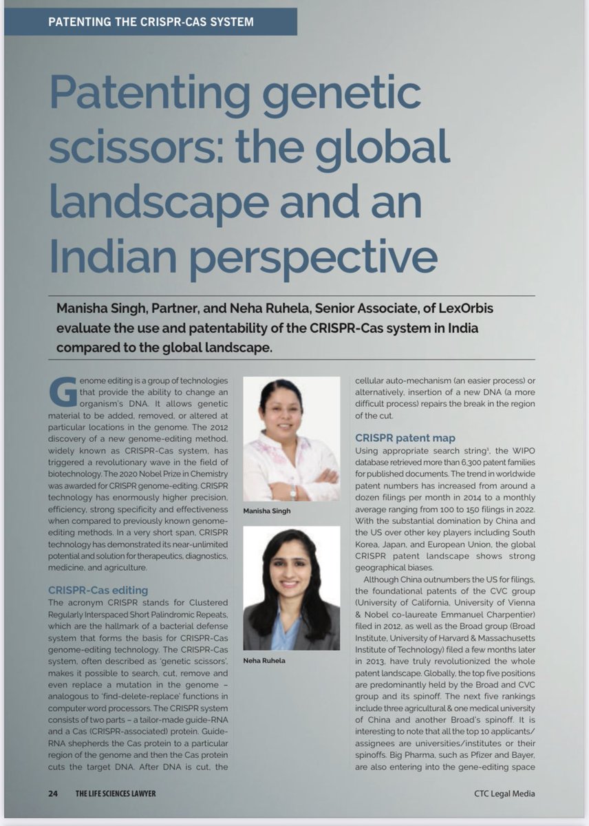 LexOrbisIP's tweet photo. #CRISPR genome editing, with hallmarks including Nobel prizes and cures for incurables, faces patent disputes and licensing issues. Manisha Singh Neha Ruhela explore the global patent landscape and Indian context, emphasizing the need for expert assistance. #LexOrbis https://t.co/pBlsCAqnXe