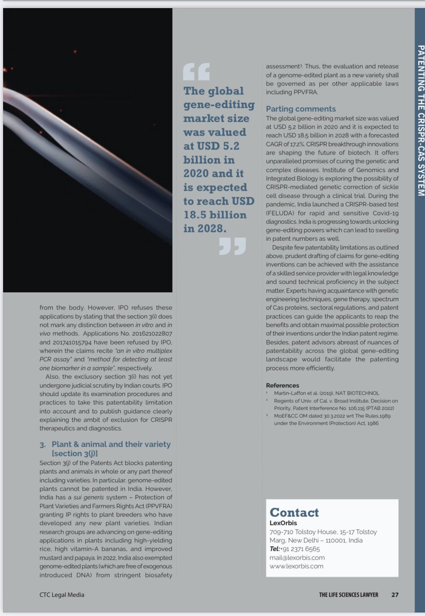 LexOrbisIP's tweet photo. #CRISPR genome editing, with hallmarks including Nobel prizes and cures for incurables, faces patent disputes and licensing issues. Manisha Singh Neha Ruhela explore the global patent landscape and Indian context, emphasizing the need for expert assistance. #LexOrbis https://t.co/pBlsCAqnXe