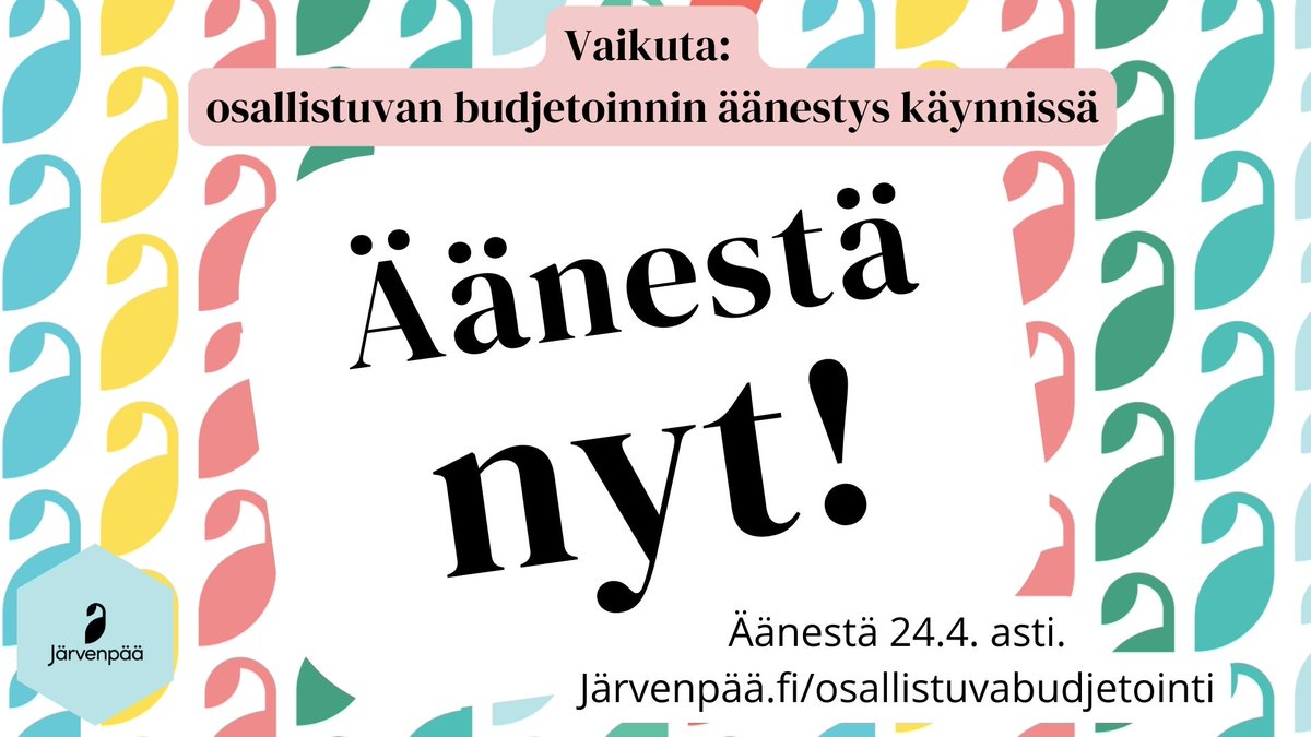 Yli 80 toinen toistaan huikeampaa ehdotusta kisaa äänistäsi Järvenpään osallistuvassa budjetoinnissa!

Äänestä turvallisesti diginä osoitteessa asiointi.jarvenpaa.fi/aanestysvaihe
Lisätietoa ehdotuksista ja perusteista löydät Osbun kotisivulta jarvenpaa.fi/kaupunki-ja-pa…