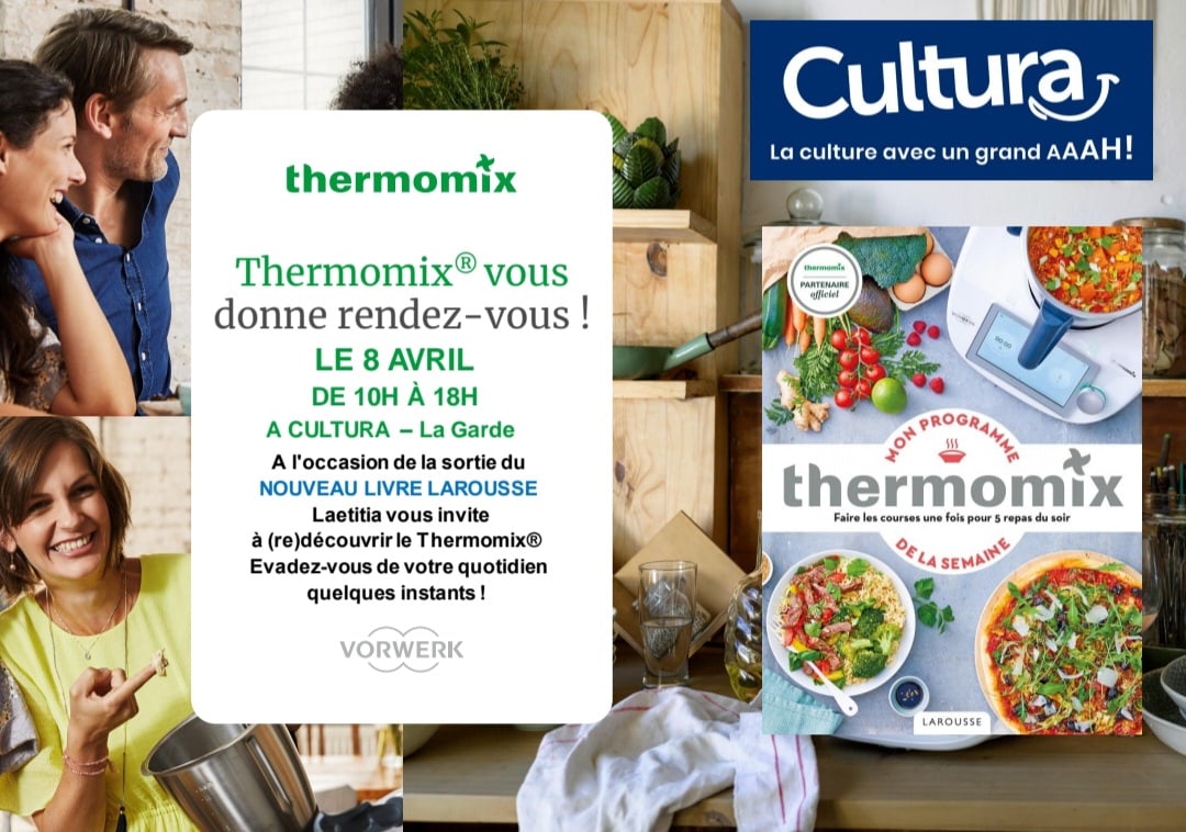 cuisinepinup's tweet photo. 📣 ANIMATION THERMOMIX

À l'occasion de la sortie du dernier livre Thermomix chez Larousse Cuisine: "Mon programme de la semaine"", retrouvez moi dans votre magasin Cultura Toulon La Garde  le Samedi 8 Avril de 10h à 18h
Venez nombreux ! 
#thermomix #cultura #larousse https://t.co/HXAe4JNMOr
