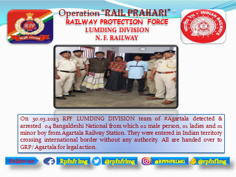 #Operation_Railprahari 
<a href="/RPF_INDIA/">RPF INDIA</a>

@RPFNFR2

<a href="/RailNf/">Northeast Frontier Railway</a>

<a href="/drm_lmg_nfr/">मं.रे.प्र.लामडिंग, पू.सी.रेलवे / DRM LUMDING NFR</a>

<a href="/RailMinIndia/">Ministry of Railways</a>

<a href="/zscrnfr/">ZSCRNFR</a>

<a href="/rpfpcbpb/">RPF post Badarpur</a>

<a href="/rpfpcagtl/">RPF post Agartala</a>