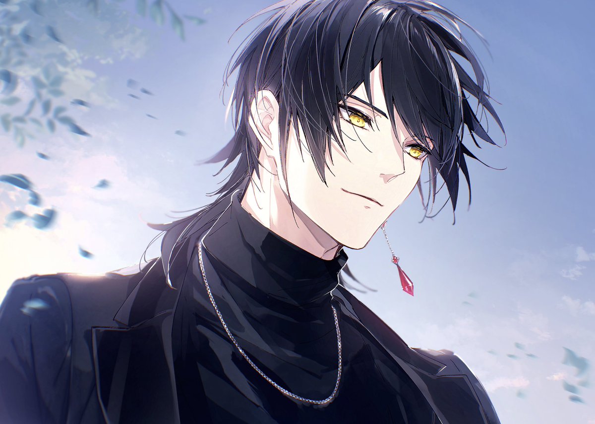 1boy male focus solo jewelry yellow eyes black hair earrings  illustration images