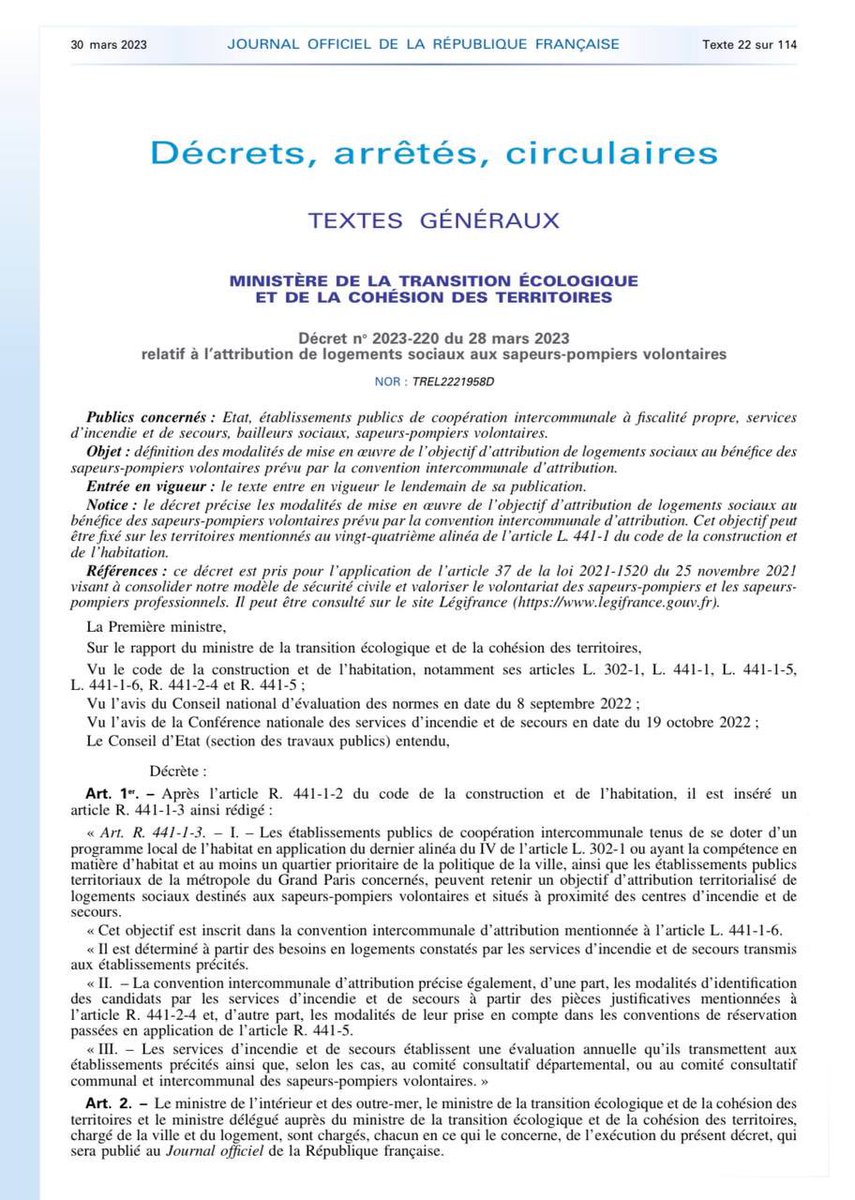 OlivierKlein93's tweet image. 👨‍🚒 Chaque jour ils sauvent des vies, leur engagement pour la Nation est sans faille, sapeurs-pompiers volontaires par vocation, nous devions leur faciliter l’accès au logement social. 

✅ Nous l’avons fait, le décret est publié au journal officiel.

legifrance.gouv.fr/jorf/id/JORFTE… ℹ️