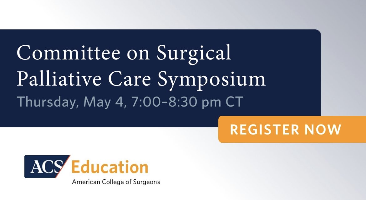 Surgical Palliative Care Society (@spcsociety) on Twitter photo Please join the <a href="/AmCollSurgeons/">American College of Surgeons</a> for the Annual Research Symposium sponsored by the Committee on Surgical Palliative Care. All are welcome to hear the upcoming leaders in <a href="/Surgpallcare/">Surgical Palliative Care</a> present their research.
Free registration at:
nam04.safelinks.protection.outlook.com/?url=https%3A%⦠Please join the <a href="/AmCollSurgeons/">American College of Surgeons</a> for the Annual Research Symposium sponsored by the Committee on Surgical Palliative Care. All are welcome to hear the upcoming leaders in <a href="/Surgpallcare/">Surgical Palliative Care</a> present their research.
Free registration at:
nam04.safelinks.protection.outlook.com/?url=https%3A%ā¦