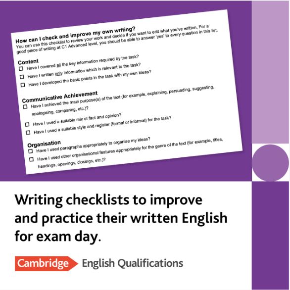 CambridgeEng's tweet image. If your students are preparing for our #C1Advanced and #C2Proficiency writing exams, we have the perfect preparation tool! Share these writing checklists with your learners to improve their written English and as practise for their Cambridge English exams: camengli.sh/3ZSxfrx