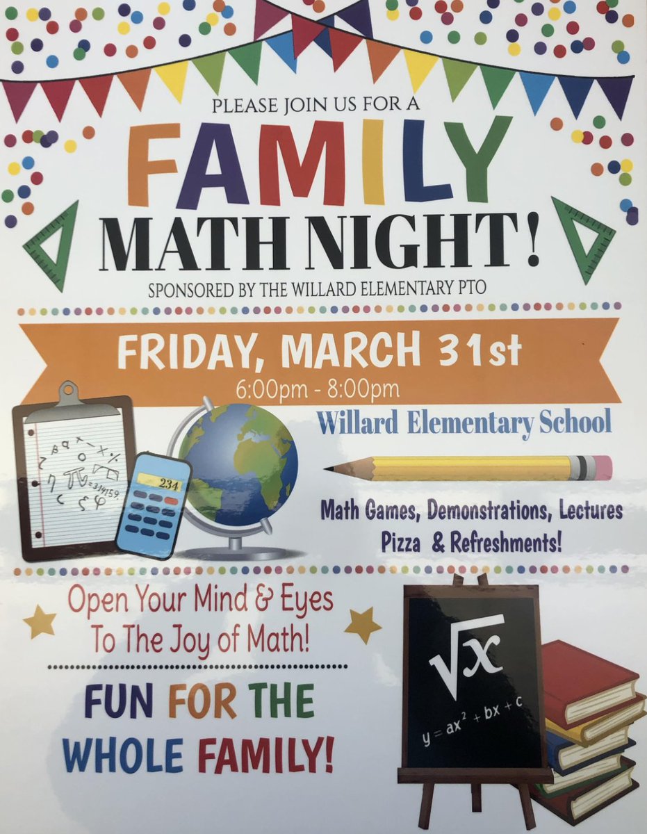 WillardSchool's tweet photo. Spring forward into math! Tonight is Willard's Annual Family Math Night. Come one, come all to enjoy games, demonstrations, lectures and more. Fun for the whole family. Thank you PTG for organizing such a wonderful celebration of learning. #mathisfun https://t.co/OrClWJQxxc
