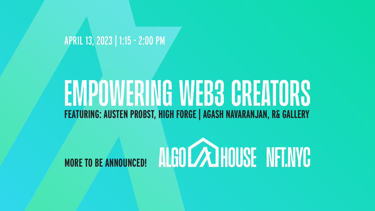 Just one of our exciting sessions we've got planned for Algo House NYC 👇

Hear from artists &amp; builders about how they are leveraging blockchain (&amp; other emerging technologies) to experiment in this new realm. 

Save your spot: eventbrite.com/e/algohouse-ny…

<a href="/highforgeio/">High Forge</a> @agashnava