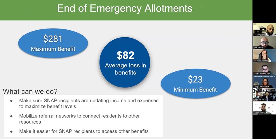 InterfaithWorks's tweet image. End of emergency #SNAP benefits has been &quot;crushing&quot; per Elizabeth Teuwen of @MoCoFoodCouncil. &quot;People are panicked. They don’t know how they are going to feed themselves.” Solutions: Ensure recipients maximize eligibility &amp;amp; help them access other benefits. #CommunityConversation
