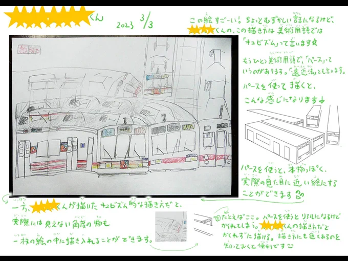 今日は出張お絵描き教室(絵の家庭教師)の実施日でした✍️😊
この春から小3の生徒さんに贈った作品コメントシート。
多視点描法ですね。これを意図的にやるとキュビズム。
一応パースを使った描き方を横に添えましたが、やはりこの感覚は大切にしたい(続く
#宮前区 #高津区 #お絵かき教室 #イラスト講座 