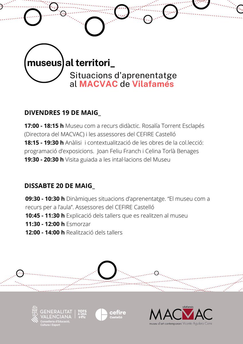 CEFIREambitAE's tweet photo. 📣Inscripció oberta a "Museus al Territori. Situacions d'aprenentatge al MACVAC de Vilafamés"
📝 1 març - 8 maig
🖥 Presencial
🏫 Vilafamés
📆 19 i 20 de maig
⏰ Divendres i dissabte
➕ℹ️👇
🔗 https://t.co/DuC44S8wXC
#CefireCastello #CsCEFIRE https://t.co/UoM7lIXyDf