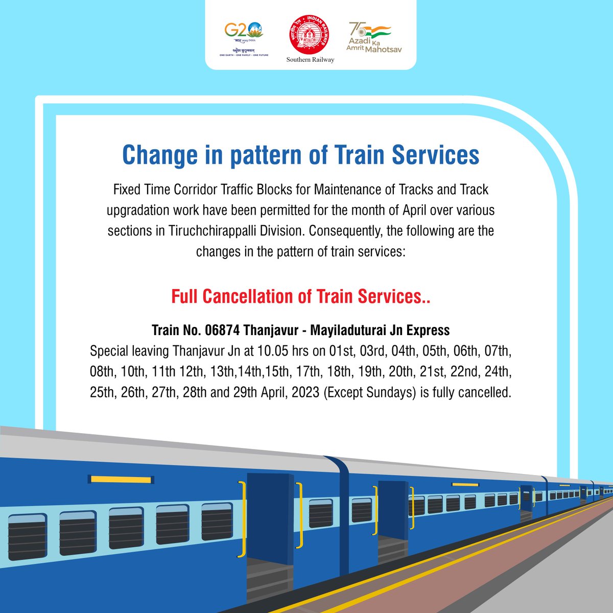 GMSRailway's tweet image. Change in pattern of Train Services Tiruchchirappalli Division

 Update Alert: Train Services in Tiruchchirappalli Division to undergo Maintenance and Upgradation work with Fixed Time Corridor Traffic Blocks in April. #TrainServices #MaintenanceWork #TiruchchirappalliDivision