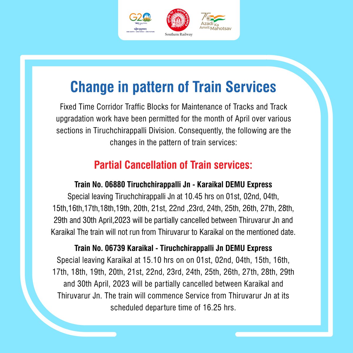 GMSRailway's tweet image. Change in pattern of Train Services Tiruchchirappalli Division

 Update Alert: Train Services in Tiruchchirappalli Division to undergo Maintenance and Upgradation work with Fixed Time Corridor Traffic Blocks in April. #TrainServices #MaintenanceWork #TiruchchirappalliDivision