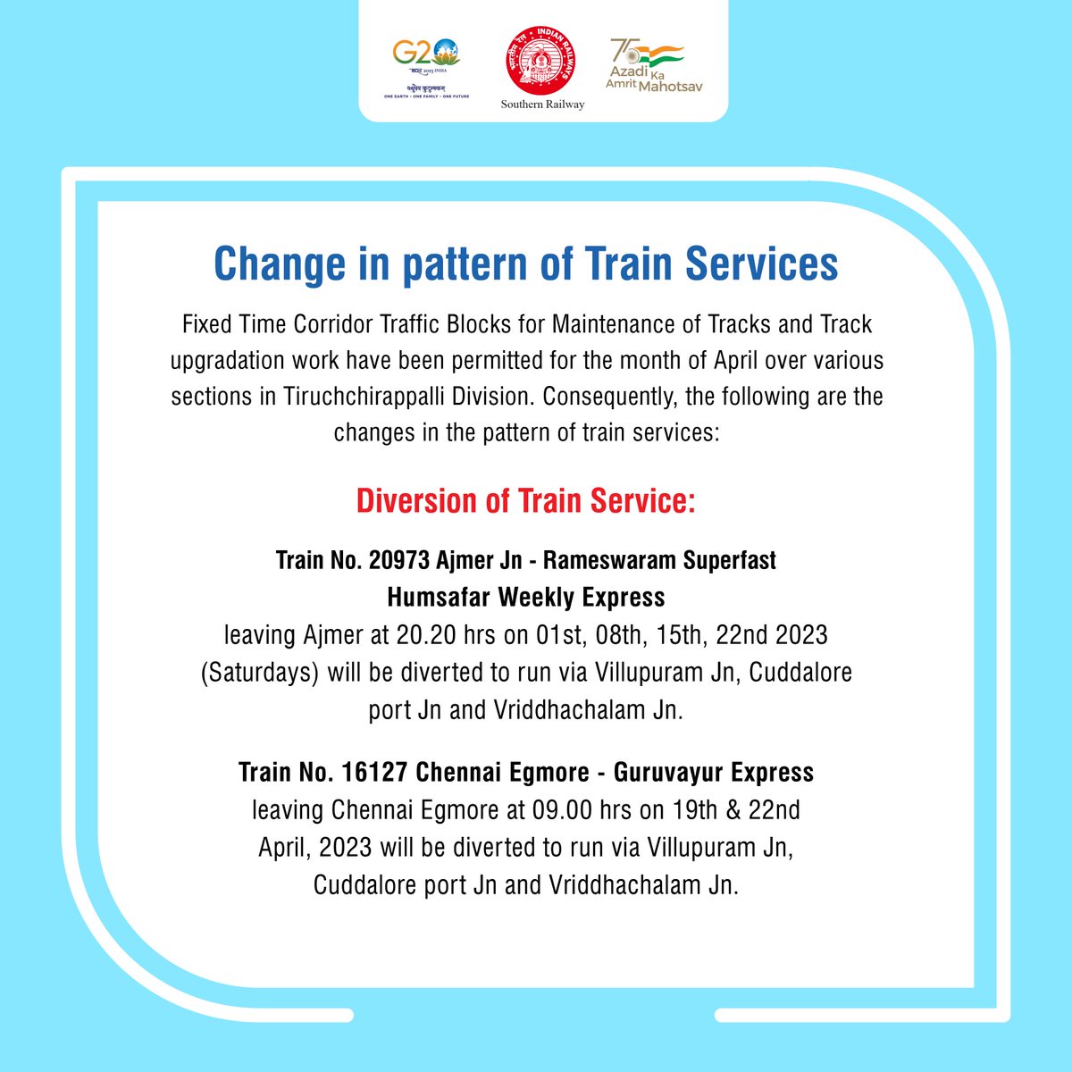 GMSRailway's tweet image. Change in pattern of Train Services Tiruchchirappalli Division

 Update Alert: Train Services in Tiruchchirappalli Division to undergo Maintenance and Upgradation work with Fixed Time Corridor Traffic Blocks in April. #TrainServices #MaintenanceWork #TiruchchirappalliDivision