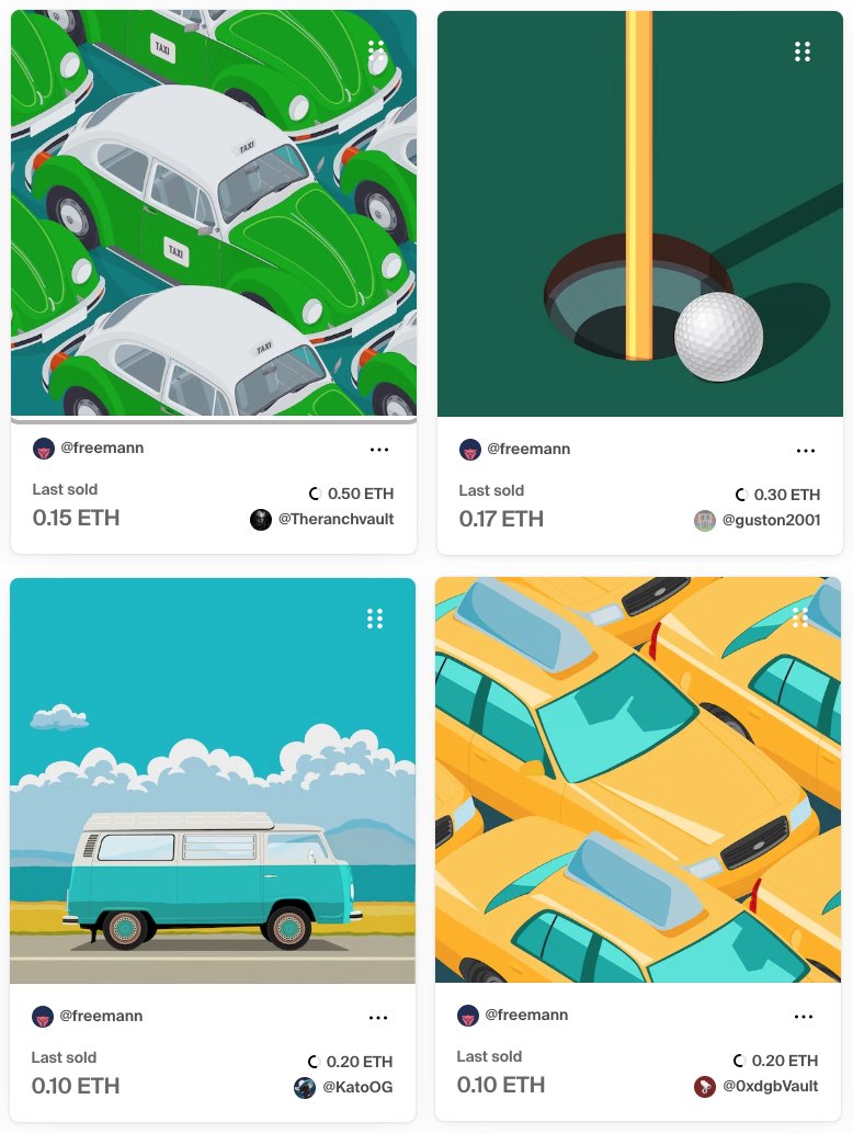 Hey Fam! 👋
Today, to my four esteemed collectors for my four arts were be Active Offer in the secondary market
owner <a href="/TheRanchVault/">The Ranch Vault</a> art El Vocho 🚘💚
owner <a href="/guston2001/">Gus</a> art «Golf»⛳️🏌️‍♂️
owner <a href="/RealKatoOG/">Kato</a> art Grand tour🚐☀️🌊
owner <a href="/0xdgb/">dgb</a> art Sunny day in New York☀️🚖
I am very