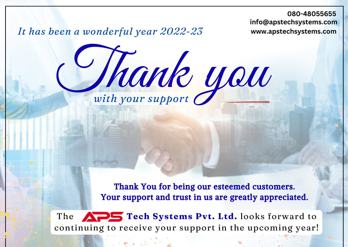 ApsTechSystems1's tweet photo. Thank You for being our esteemed customers. Your support and trust in us are greatly appreciated. The APS Tech Systems Pvt. Ltd. looks forward to continuing to receive your support in the upcoming year!
#ThankYou #apstechsystems https://t.co/LGsCA6Jbdu