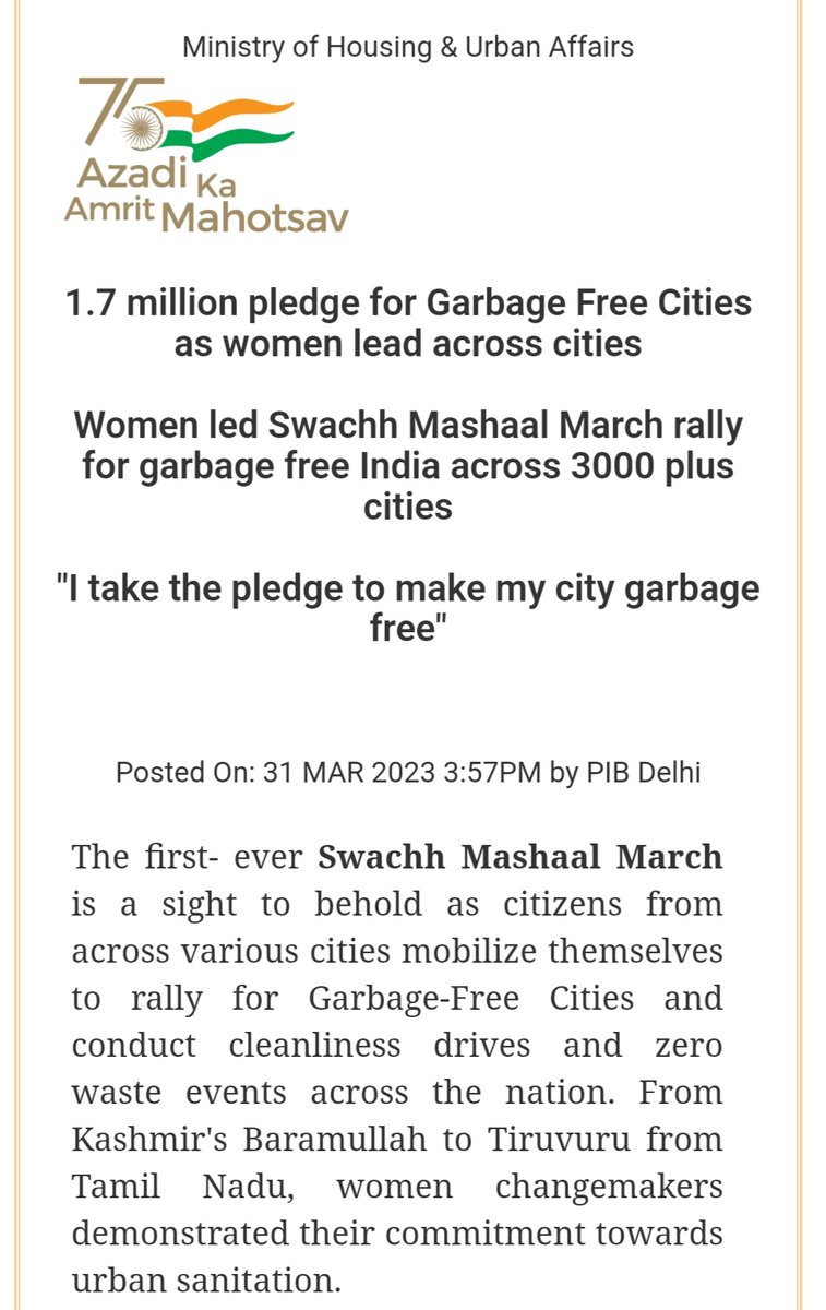 PIB_MoHUA's tweet image. 1.7 million pledge for Garbage Free Cities as #women lead across cities

~Women led Swachh Mashaal March rally for #GarbageFree India across 3000 plus cities

pib.gov.in/PressReleaseIf…

@PMOIndia @MoHUA_India @HardeepSPuri @Secretary_MoHUA @AmritMahotsav @rajeevicha @airnewsalerts