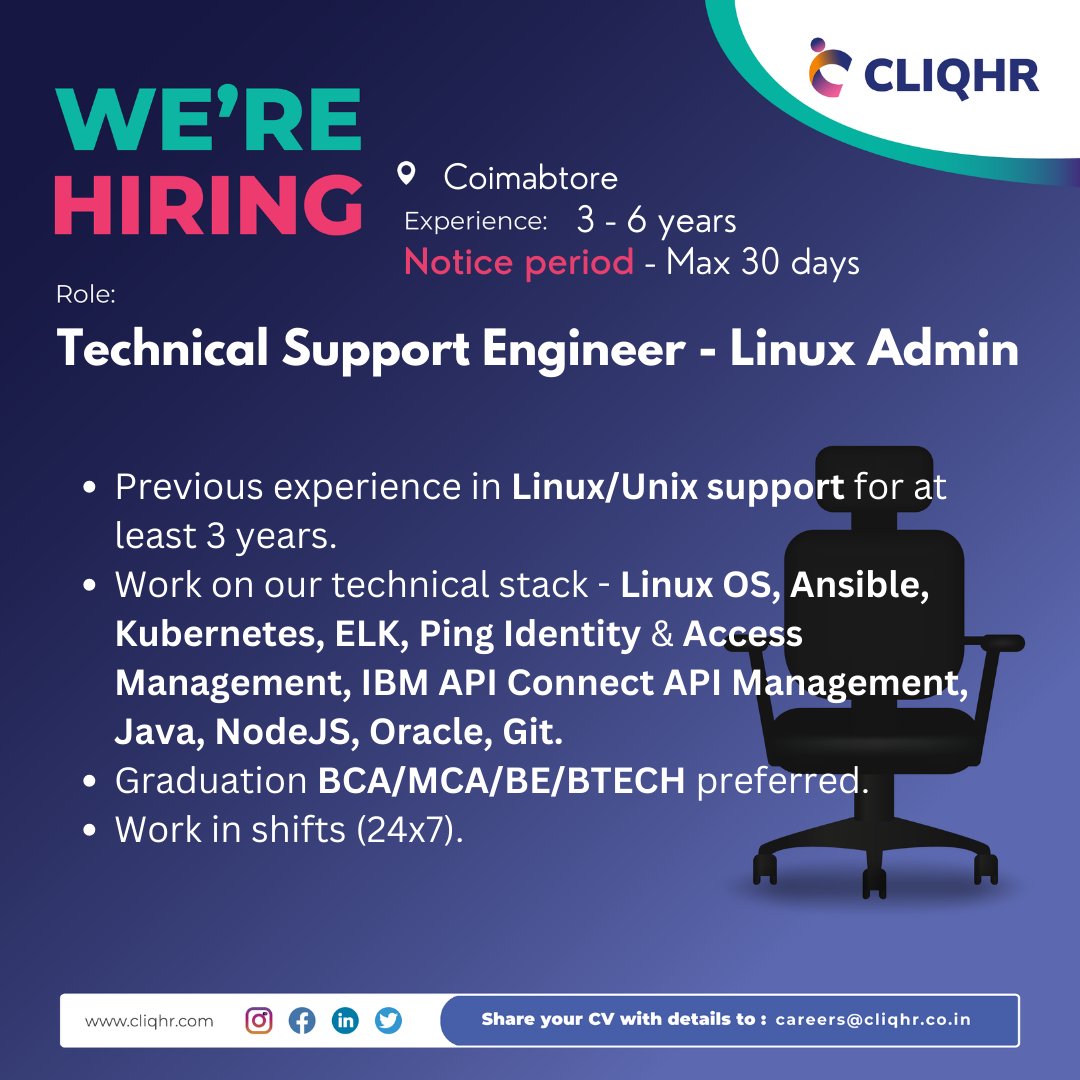 CliqHR's tweet image. 2 vacancies for Technical Support Engineer - Linux Admin
#linuxadministrator #linuxadmin #linuxsystemadministration #humanresources #hr, #jobinterviews #hiringandpromotion #jobalert #cliqhr