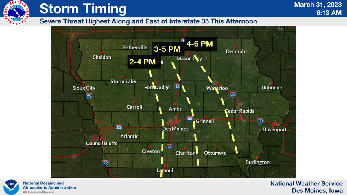 Severe Weather Expected This Afternoon!

Storms are expected to develop around 2 or 3 pm just west of the Interstate 35 corridor and race northeast. All modes of severe weather are possible. Be prepared to seek shelter quickly as many of these storms will be severe! #iawx