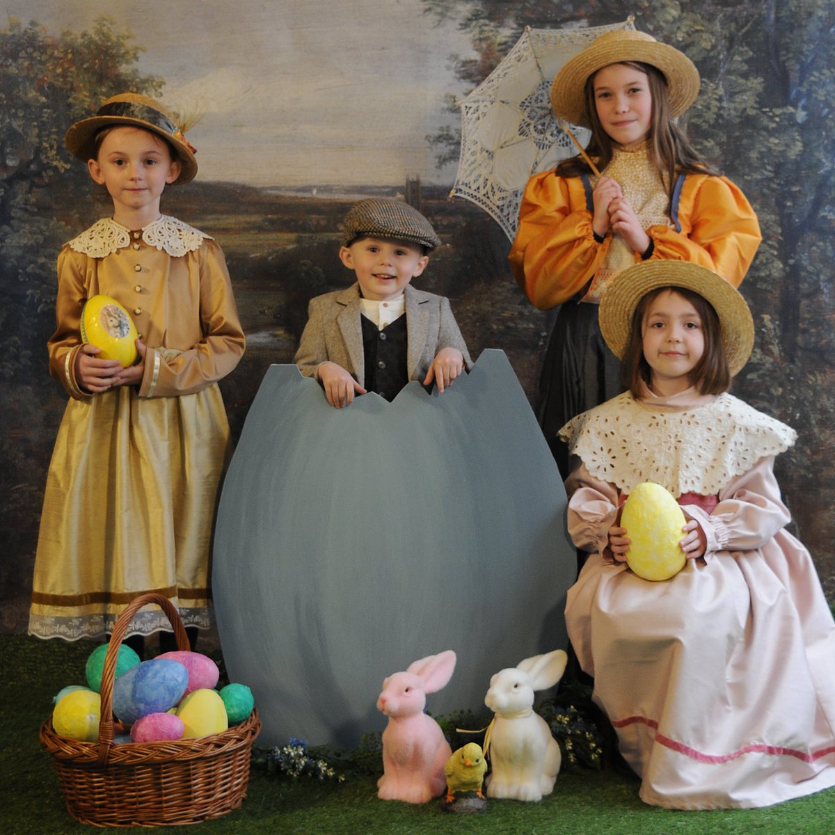 Beamish_Museum's tweet photo. Our talented Costume Team has designed and sewn a cracking new range of the latest 1900s springtime fashions for our photographer's studio! Enjoy pastel coloured spring costume and props including fancy hats, bouquets of flowers and even a gigantic Easter egg scene! https://t.co/bvtvRiZkTY