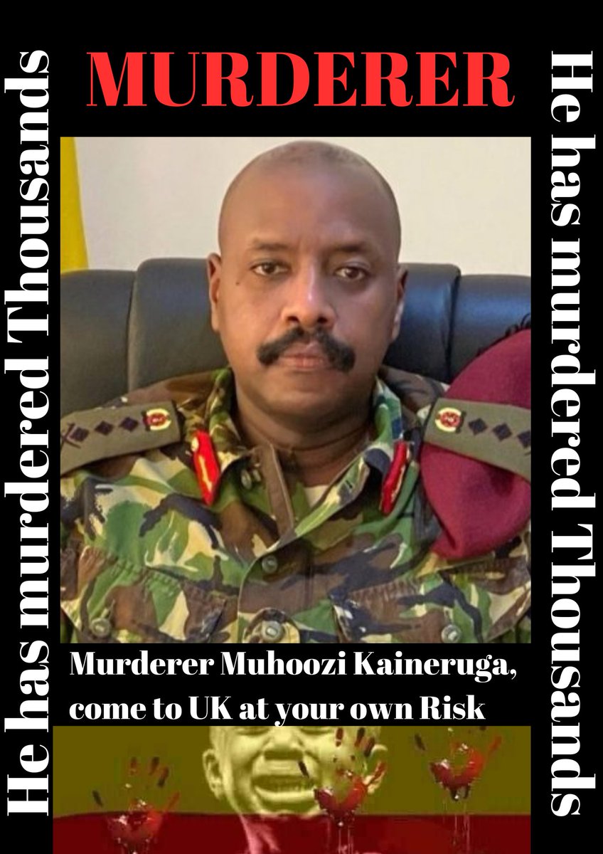 @mkainerugaba you're a MURDERER, you've killed thousands of innocent Ugandans for opposing your father's ( @KagutaMuseveni ) rule. Come to #UK at your own Risk
#BringBackOurPeople 
#EndPoliceBrutality 
#M7MustGo
#EndTorture