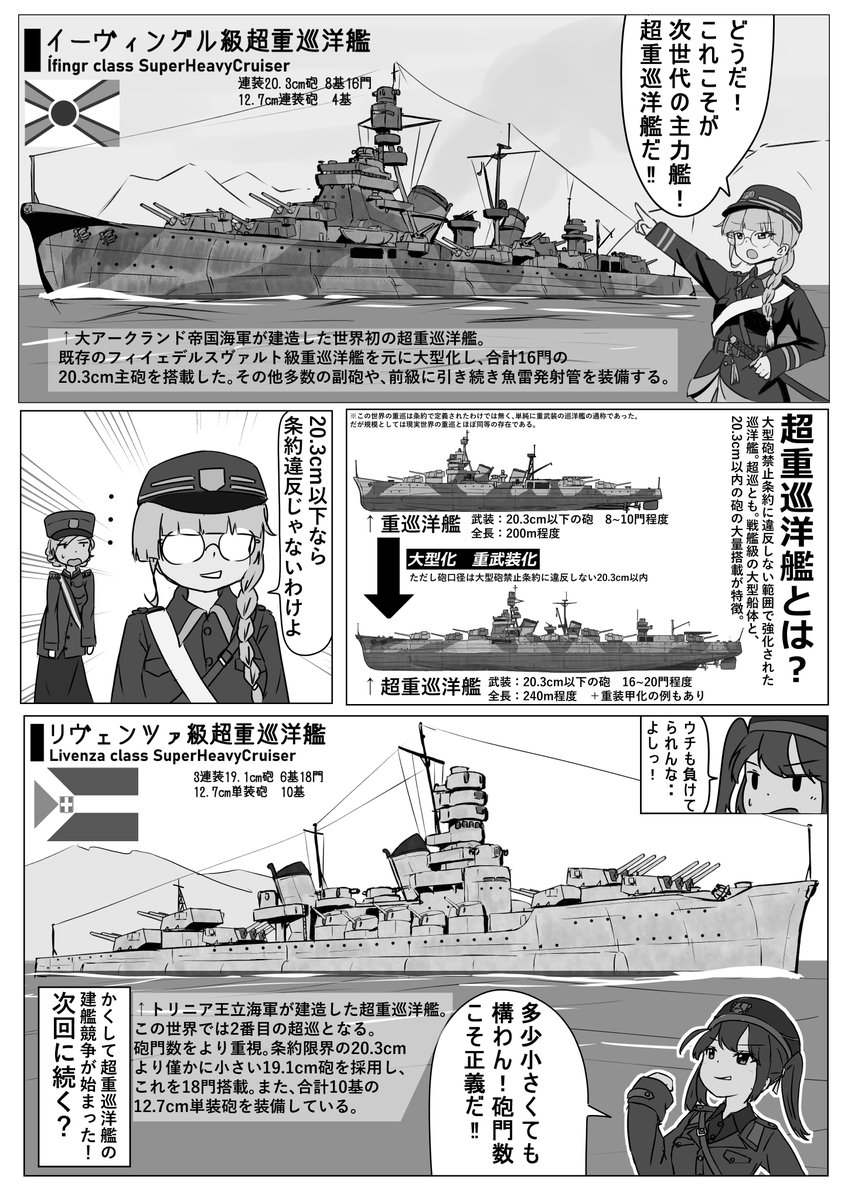 ◎漫画「超重巡洋艦の時代 #1」#架空兵器

架空戦記世界に登場する、重巡洋艦を超える巨大巡洋艦の解説漫画。
漫画を生まれて初めて完成させたぞ・・!(3ページ) 