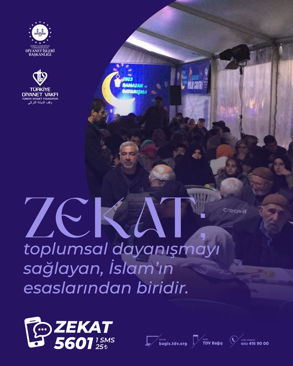 Zekat; toplumsal dayanışmayı sağlayan, İslam’ın esaslarından biridir. 

Yıl boyu yapacağınız bağışlarınızla #KardeşliğimizZekatlaBereketlensin

ZEKAT yazıp 5601’e SMS göndererek 25 TL zekat verebilir veya bagis.tdv.org adresinden online bağış yapabilirsiniz.
